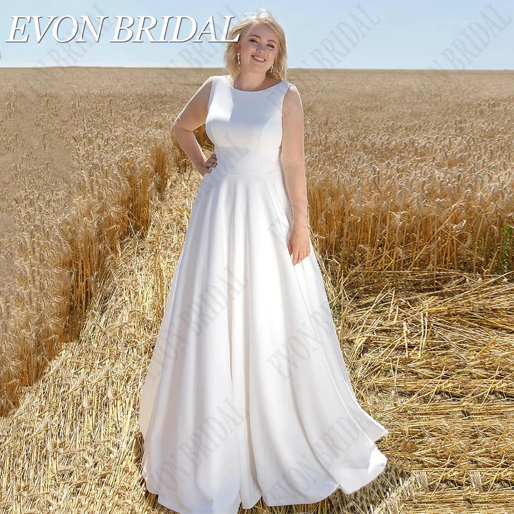 

EVON BRIDAL Large Size Wedding Dresses Sleeveless Satin Lace Up Bride Gowns Scoop Neck Classic A-Line Vestidos Novias Boda