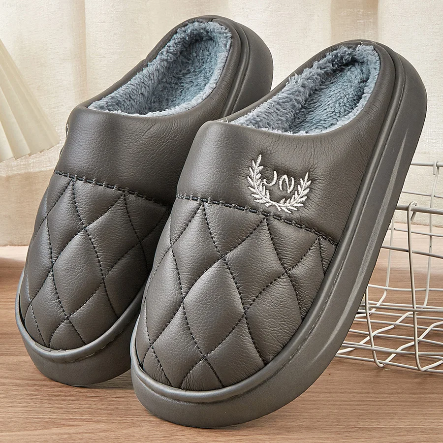 Platform Slippers House Men Memory Foam Imitation Leather Winter Warm Living Room Shoes Indoor Plaid Soft Eva Slippers Plush