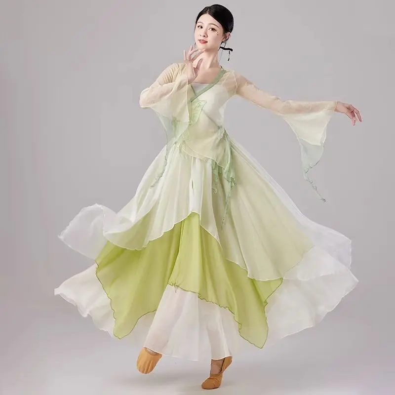 

Classical dancer performance costumes chiffon practice dance clothes body long outer green pink Chinese style folk dance dress