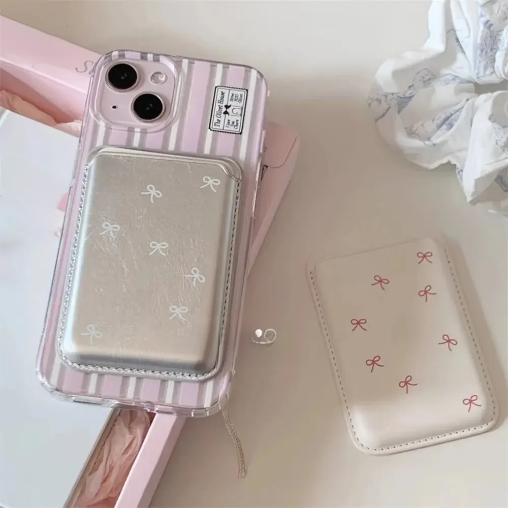 INS Korean Cute Bow For Magsafe Magnetic Card Clip Etui na telefon do iPhone 15 Pro Max Magnetic Wallet Card Holder Phone Accessorie — zdjęcie 2