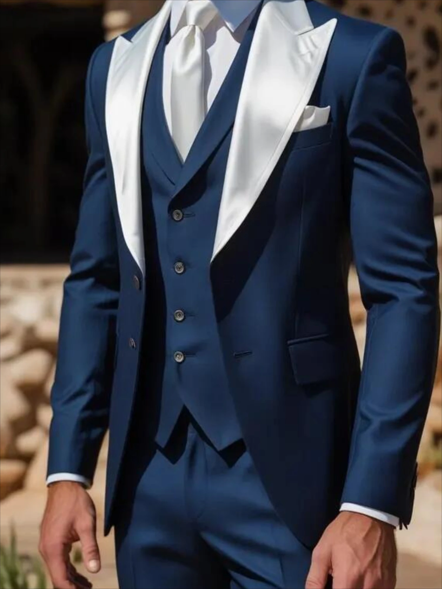 

White Collar Navy Blue Formal Business Men Suit Groom Groomsman Wedding Party Prom Male Tuxedos 3 Piece Set Blazer Vest Pants