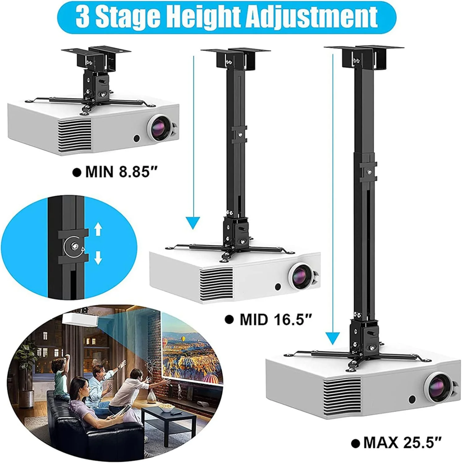 Soporte de pared y techo para proyector de visualización de datos con estructura resistente de acero universal ajustable de hasta 65 cm