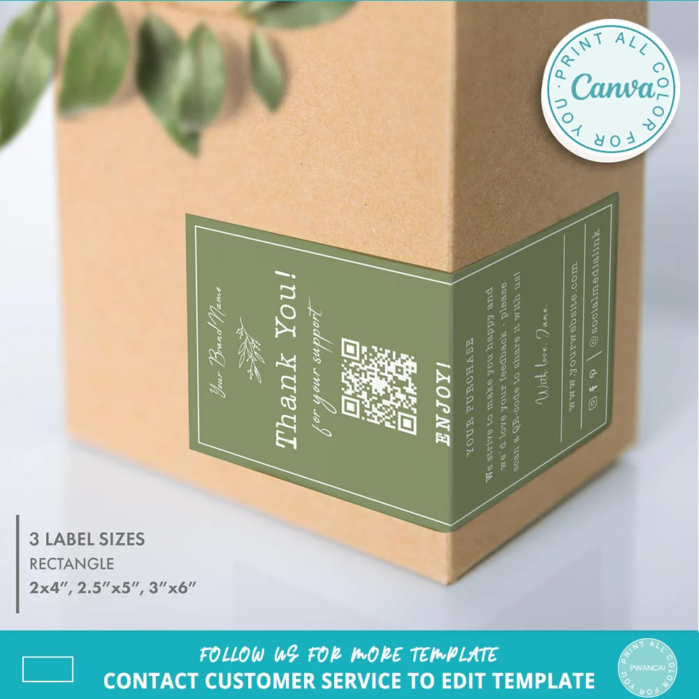 Box Seal Sticker 9X5cm Printable Minimal social media Packaging Sticker Design Business Thank You QR code Review logo Stickers