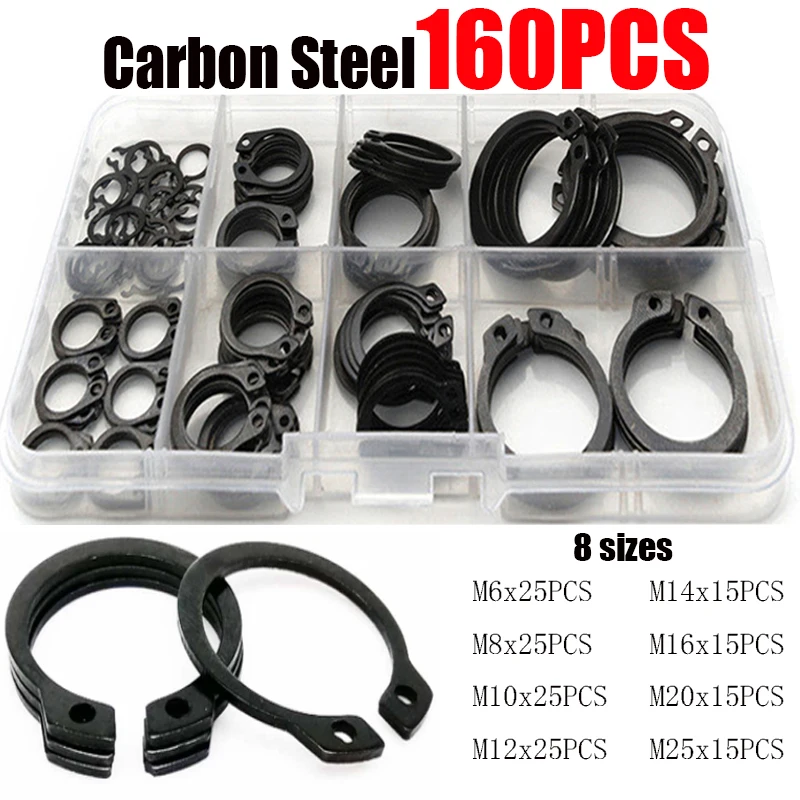 

100/160/200Pcs External Retaining Circlips C-clip Washer Snap Retaining Ring Internal Circlip Carbon Steel M6-M25 Assortment Kit