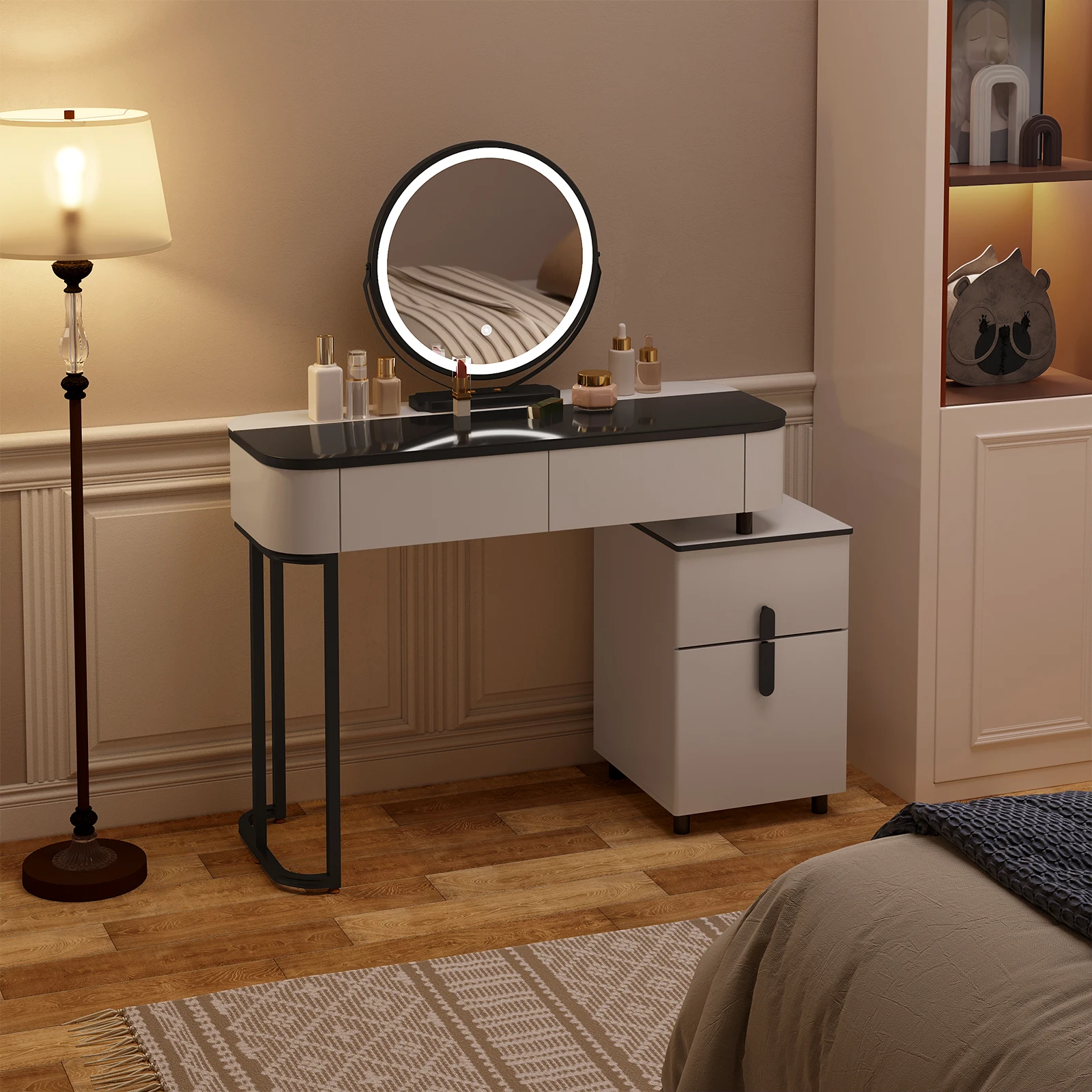 Modern Vanity Dressing Table with LED Lighting 3 Colors Girls Women Cosmetic Table Drawers 1 Side Cabinet Dresser