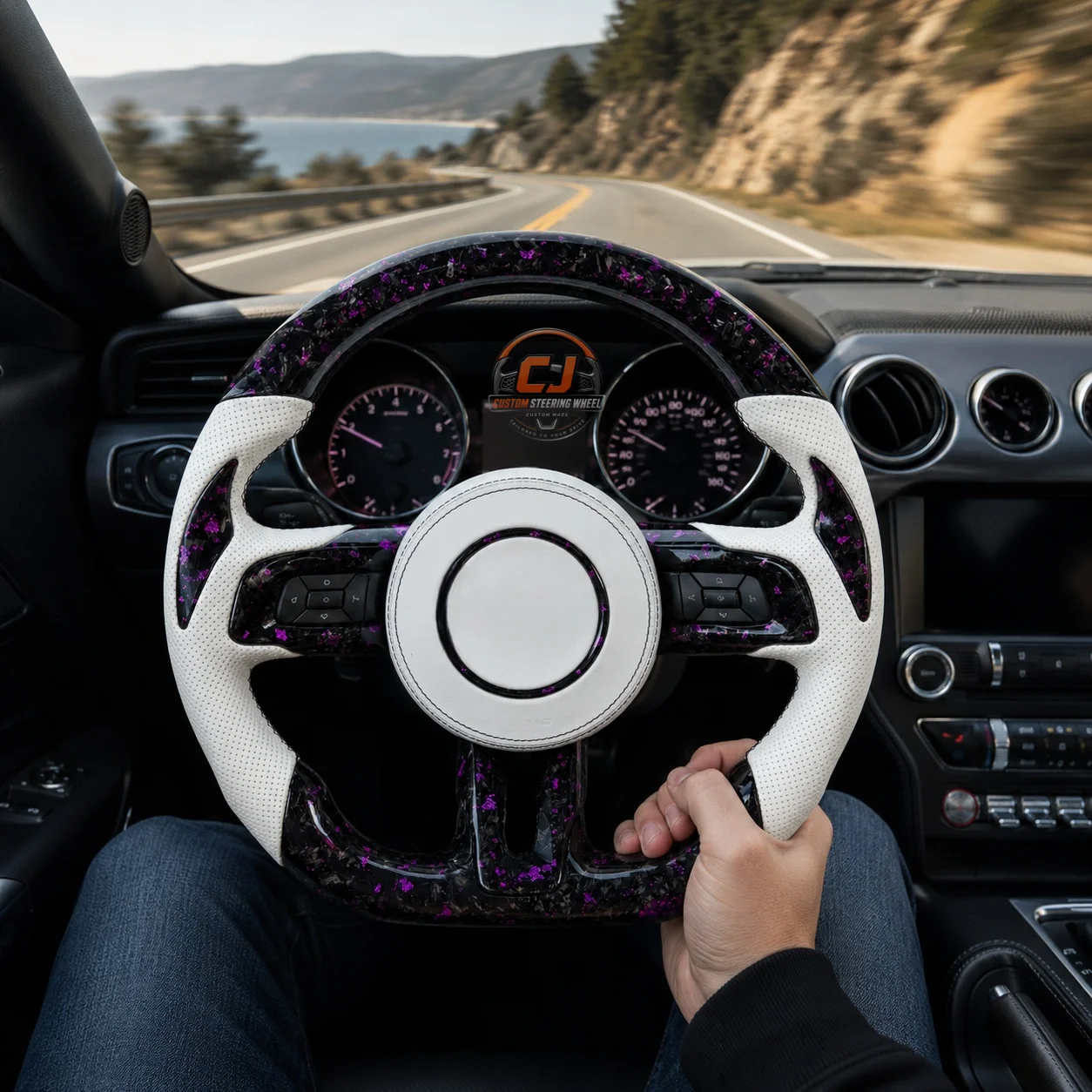 For Ford Mustang GT V6 EcoBoost Shelby GT350 GT500 2015-2023 White Perforated Leather Purple Forged Carbon Fiber Steering Wheel