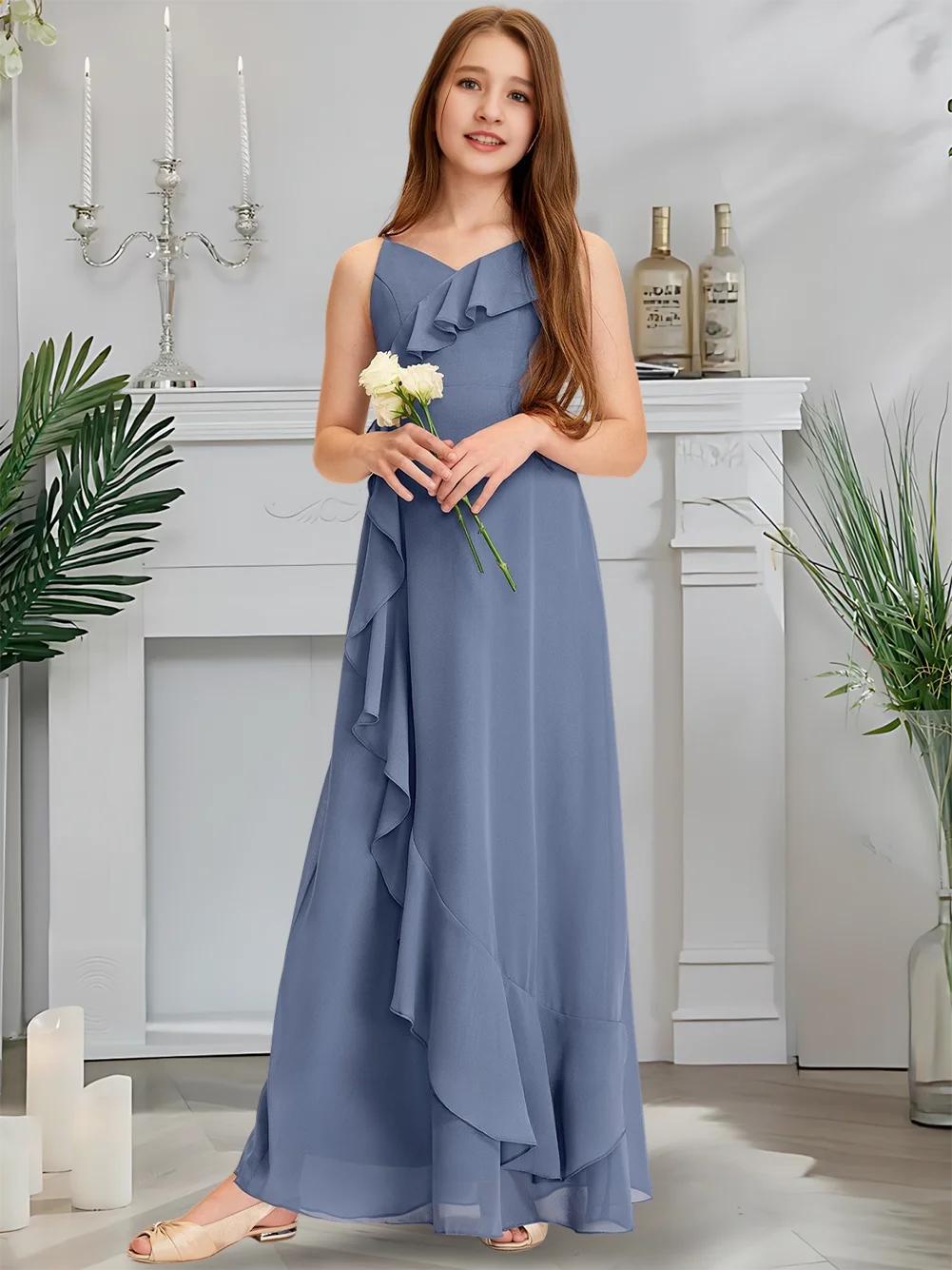 أنيقة ألف خط الرسن الشيفون الدانتيل جونيور فستان وصيفة الشرف الفضة زهرة فتاة فستان الطابق طول ثوب زفاف الكشكشة المتتالية