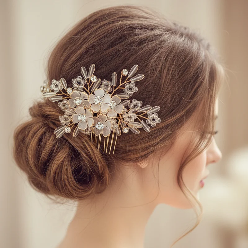 Handmade White Resin Flower Hair Clip Gold Wire Wrapped Crystal Side Comb Elegant Bridal Hair Piece 9cm Lightweight Headpieces