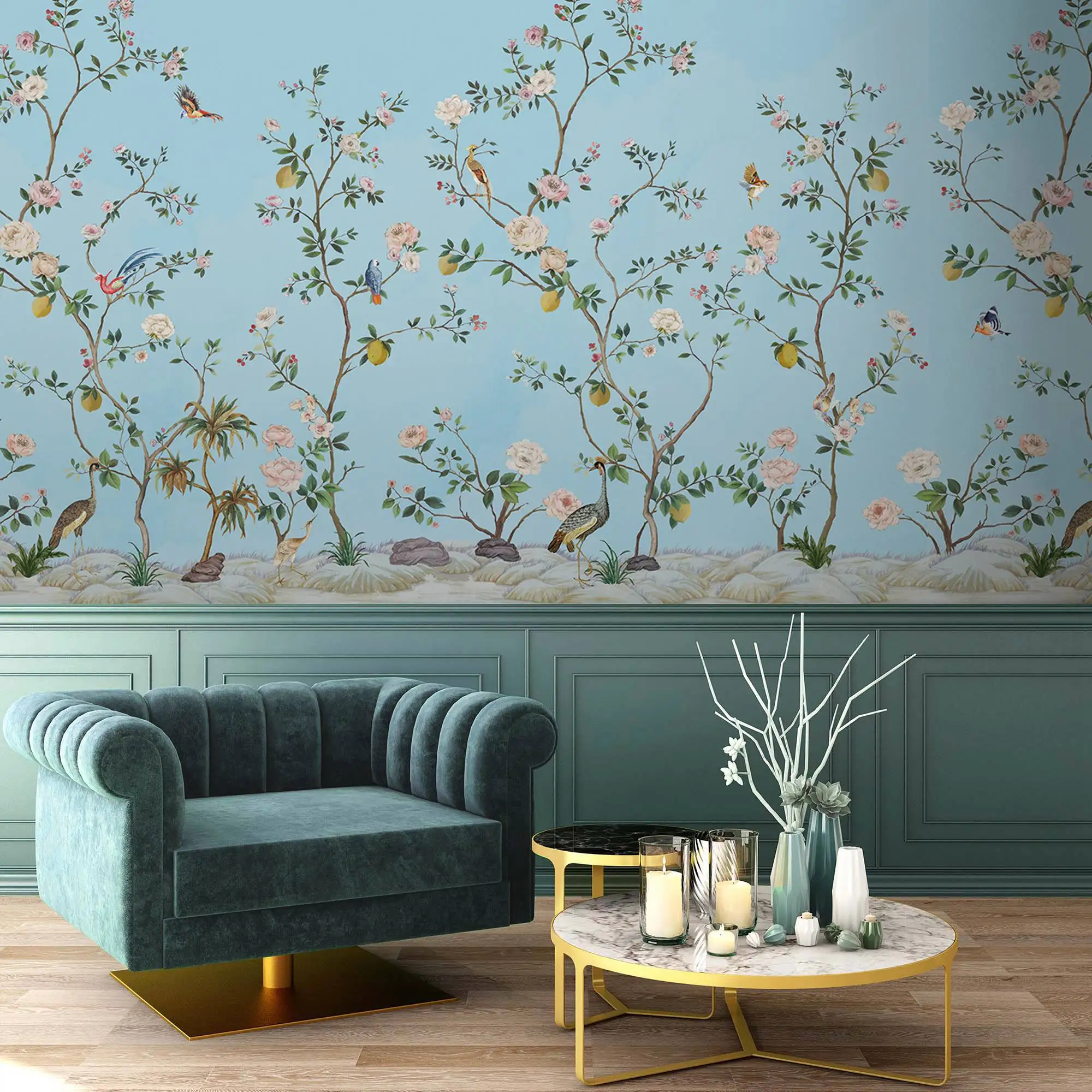 Blossom Chinoiserie Cerulean Blue Wallpaper with Birds, Chinoiserie Forest wallpaper, Floral Wallpaper