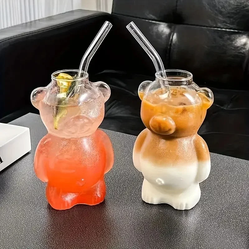 4 cups of 320ml/10.93oz, equipped with 4 straws and brushes, cute teddy bear glass cups, high footed glass beverage containers