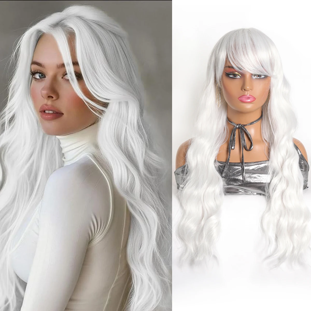 Lolita cosplay wig Synthetic wig White with bangs long curls Fluffy heat resistant for everyday party cosplay