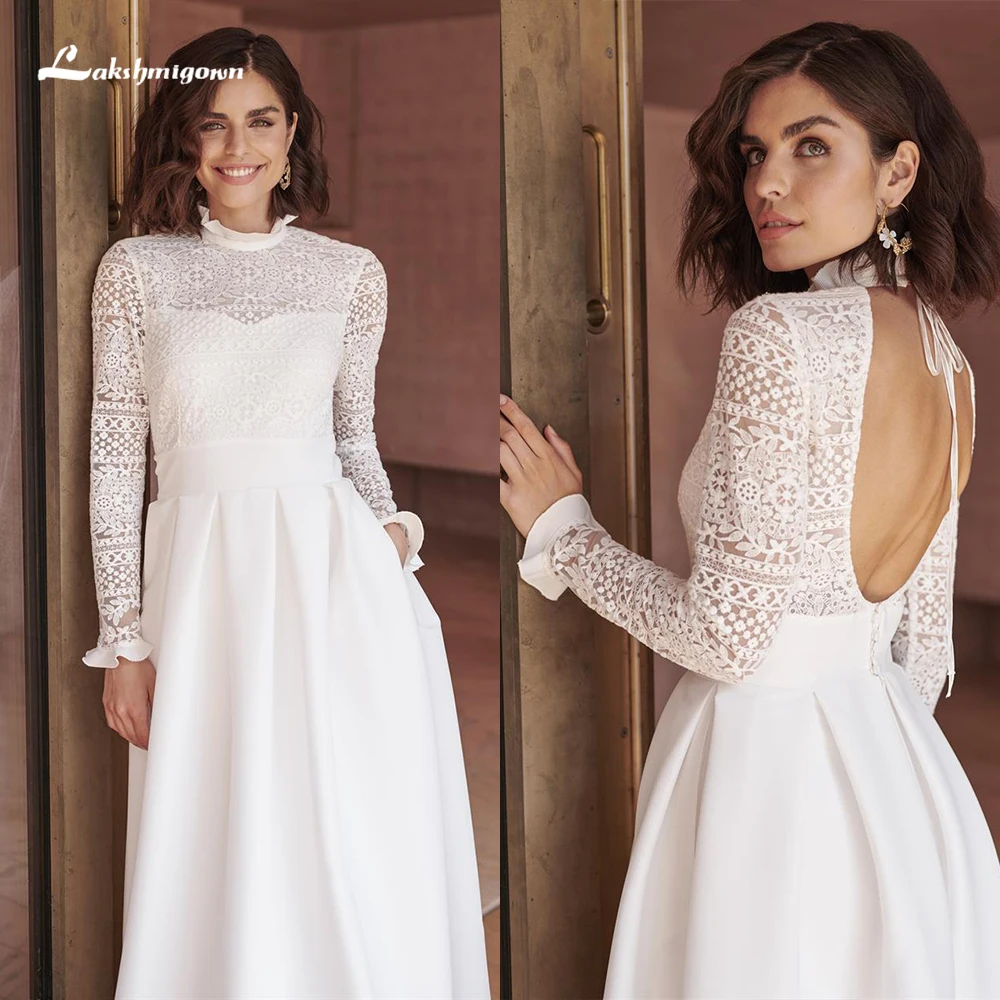 Elegant High Neck Long Cap Sleeve Lace Top Sexy Open Back Button A Line Wedding Dress For Women Bridal Gowns vestidos de novia