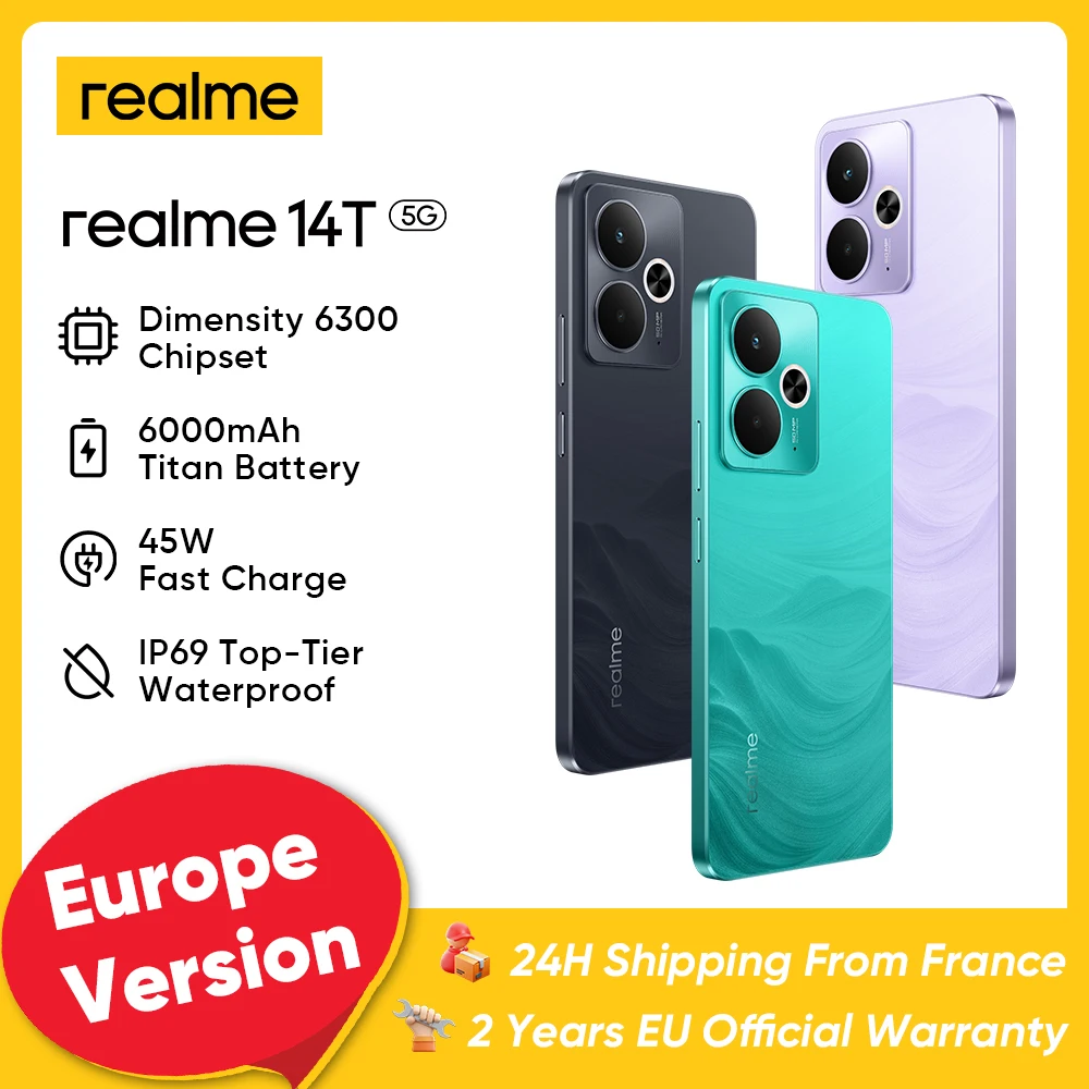 Realme 14T 8+256GB 5G Smartphone, Procesador octa-core Mediatek Dimensity 6300, Batería de 6.000 mAh, Pantalla AMOLED de 6.67 pulgadas 120Hz, Carga rápida de 45W, Cámara de 50 MP, Soporte NFC, IP68/IP69, Android 15