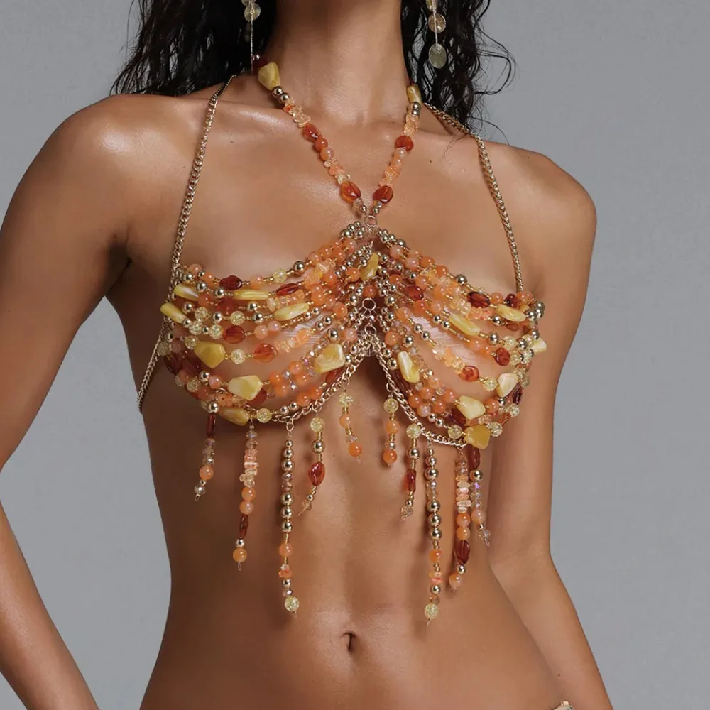 Handmade Luxury Beach Bikini Cover up Rave Crystal Body Chain Bra Golden Gemstone Bralette Irregular Stone Halter Beaded Top