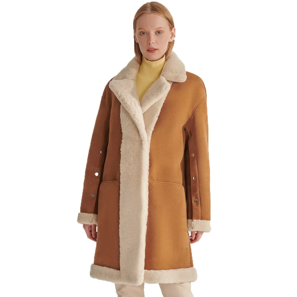 Denny&Dora Winter Women Overcoat Casual Leather Coat Yellow Shearling Jacket Elegant Long Coat Women