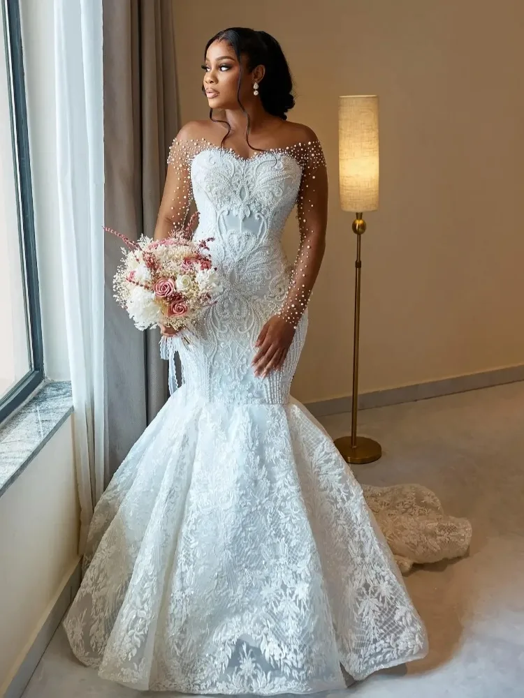 Luxury O-neck Mermaid Wedding Dresses for Bride African Appliques Long Sleeves Pearls Aso Ebi Tulle Bridal Gown Vestido De Novia