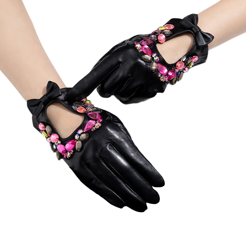 Women's Black Genuine Leather Gloves with Rhinestones Beading Short Gloves Bow Goatskin Touchscreen Winter Warm Driving Glove