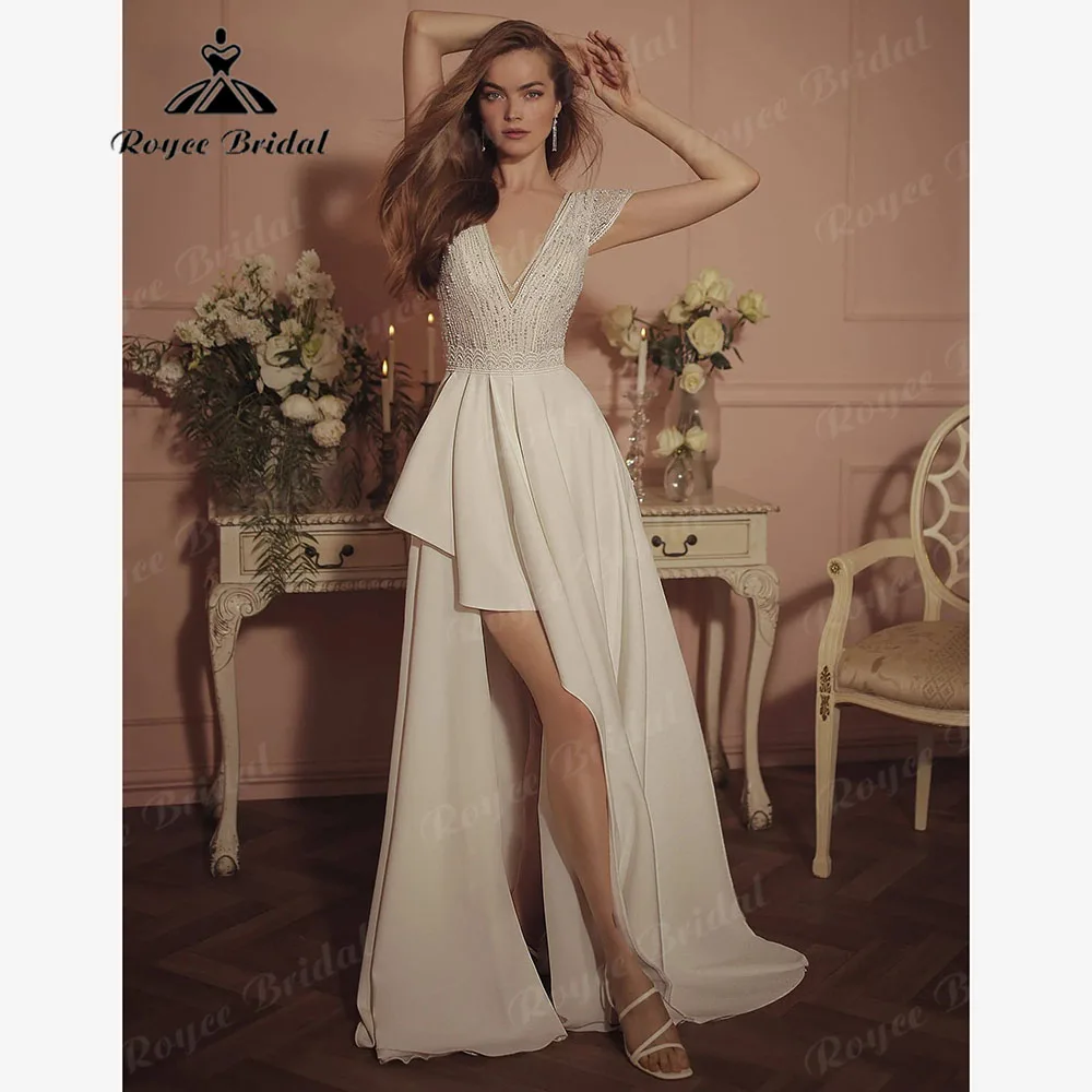 빈티지 레이스 쉬폰 브이넥 경량 웨딩 원피스, 모자 슬리브 포함, 2024 백리스 신부 가운, 맞춤 제작 hochzeitskleid