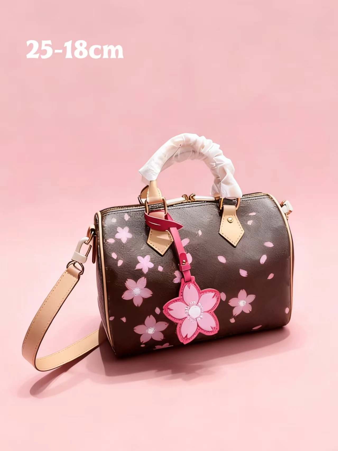 

Cute Pink Cherry Blossom Brown Canvas Women's Handbag Crossbody Pillow-shaped Bag with Pendant (25-18cm) N2