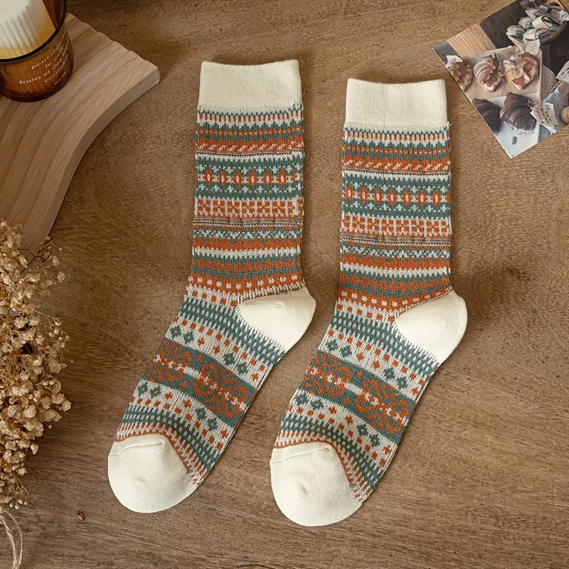 5 paires de chaussettes confortables d'inspiration vintage – Polyester 95% élasthanne 5%, tricotées, longueur mi-mollet, lavables en machine
