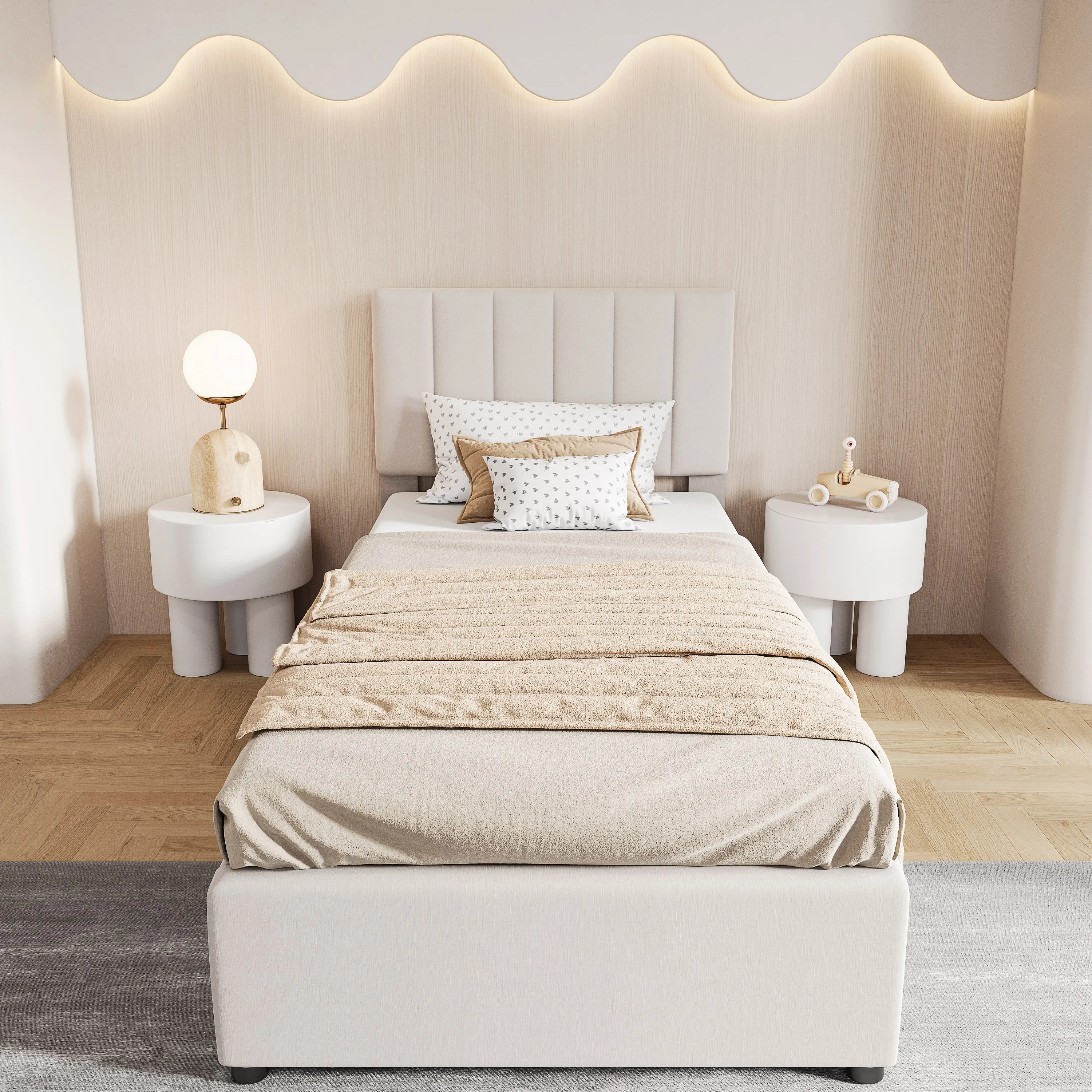 Rosahqnda kinderbed, gestoffeerd bed 90x200 cm, bed voor jongens en meisjes, eenpersoonsbed, hydraulisch opbergbed, lattenbodem, linnen