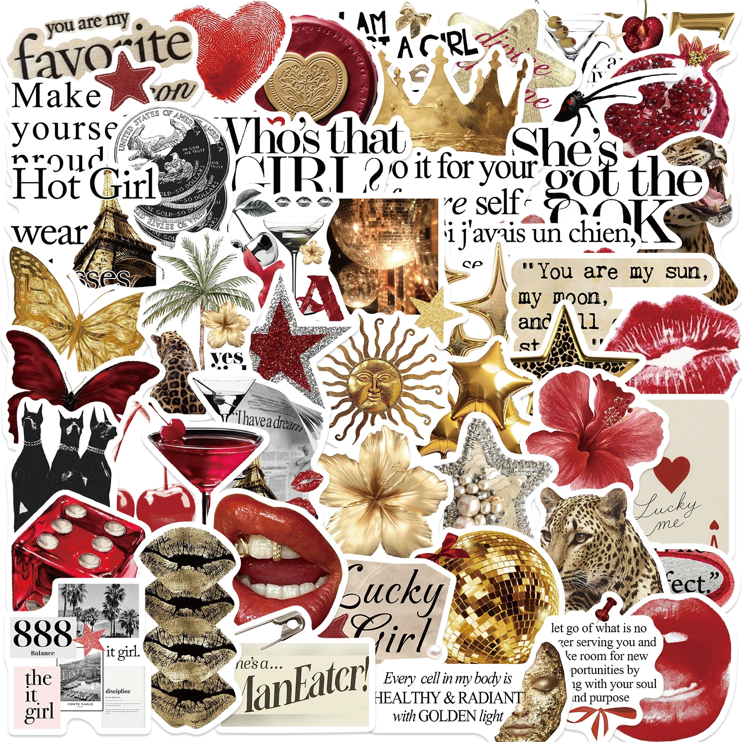 50/100 SZTUK Złoto-Czerwone Naklejki Y2k Szczęśliwe Dziewczyny Naklejki DIY Scrapbooking Telefon Bagaż Deskorolka Wodoodporne Naklejki PVC Coquette