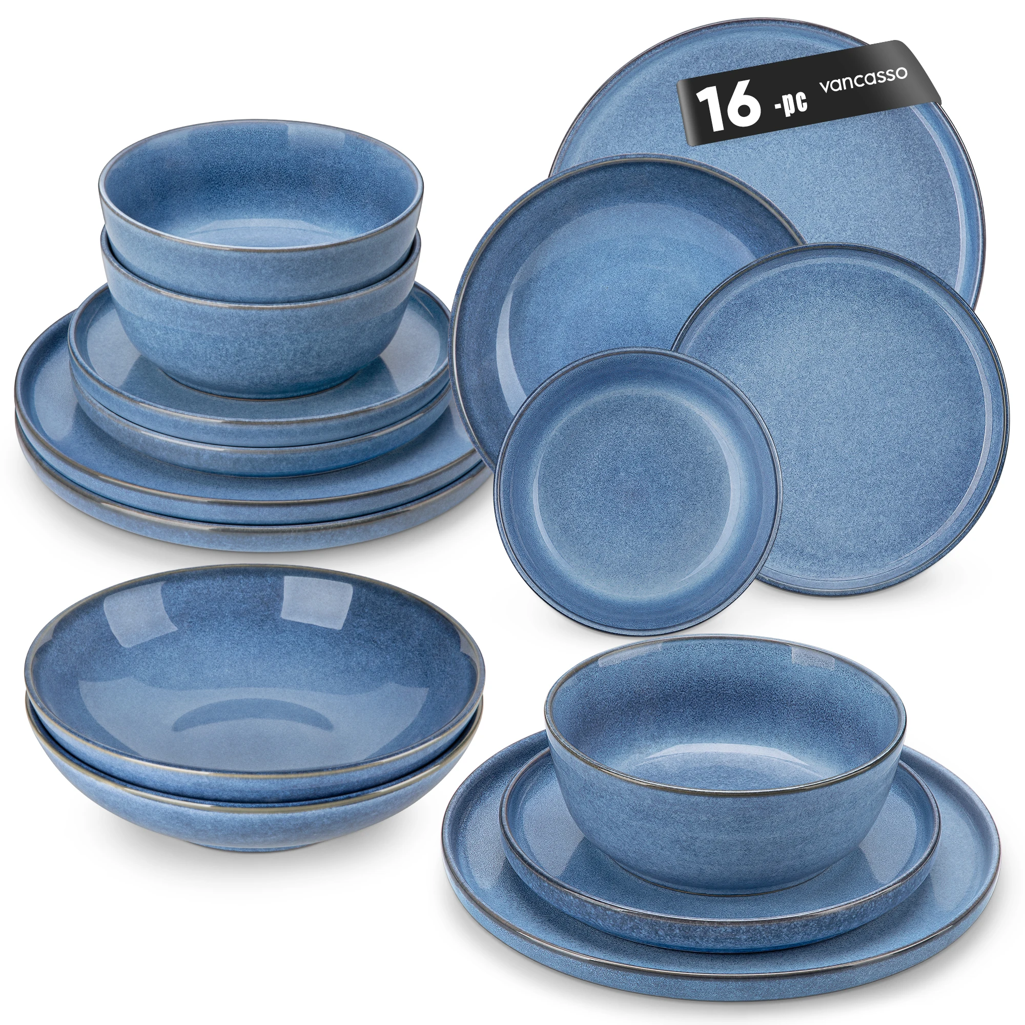 Vancasso 16/32-teiliges Steinzeug-Geschirrset in 4 Farben, Teller-Set mit 4 Stück Speisetellern/Desserttellern/Suppentellern/Schüsseln, ofenfest.