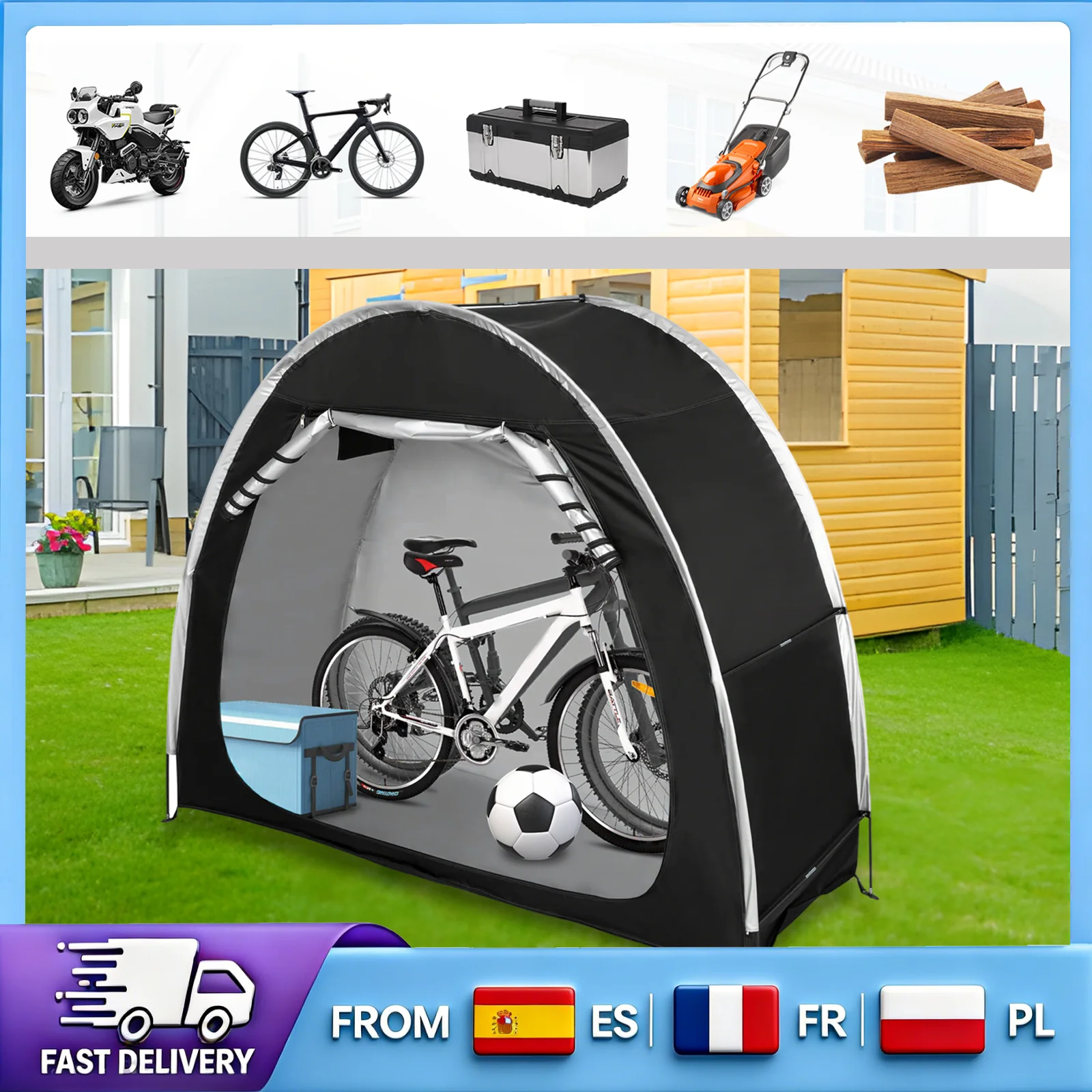 Tente de rangement pour vélos 210D argentée 200x80x165cm pour 2 vélos, housse multifonctionnelle pour vélos de jardin et camping en extérieur
