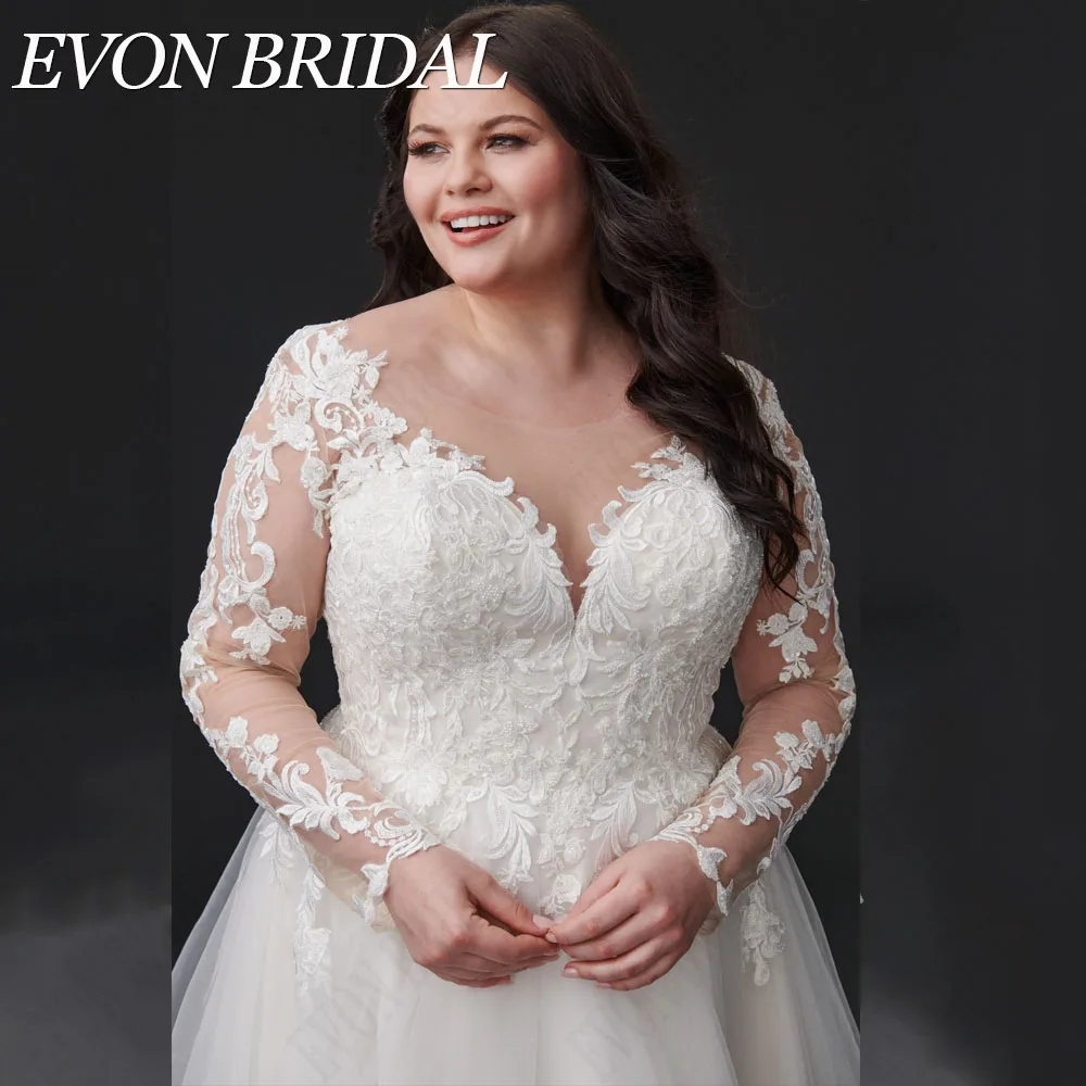 EVON BRIDAL Exquisite Backless Wedding Dress Plus Size Long Sleeves Applique Bridal Gowns A-Line Scoop Neck vestidos novias boda