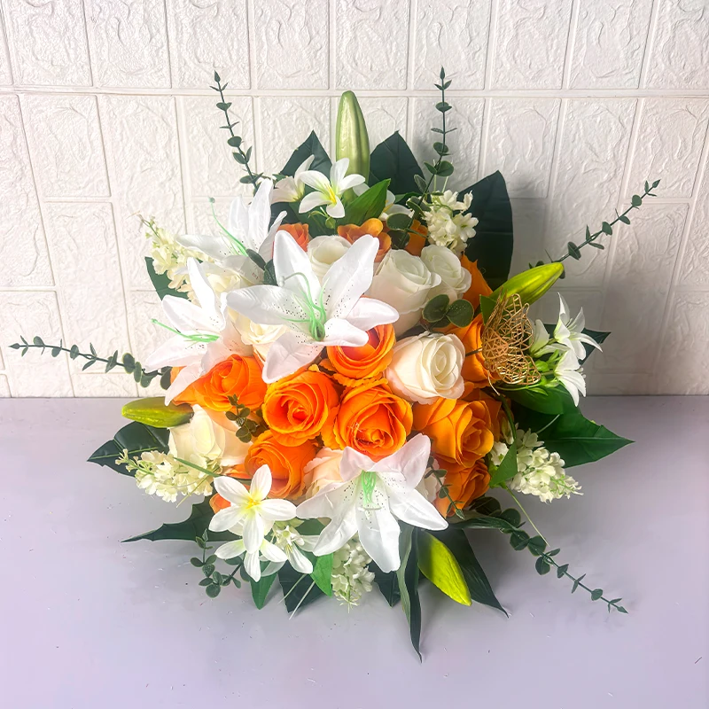

50cm Artificial Orange Rose Lily Bouquet Fake Flower Arrangement with Greenery for Wedding Centerpiece Home Party Table Decor