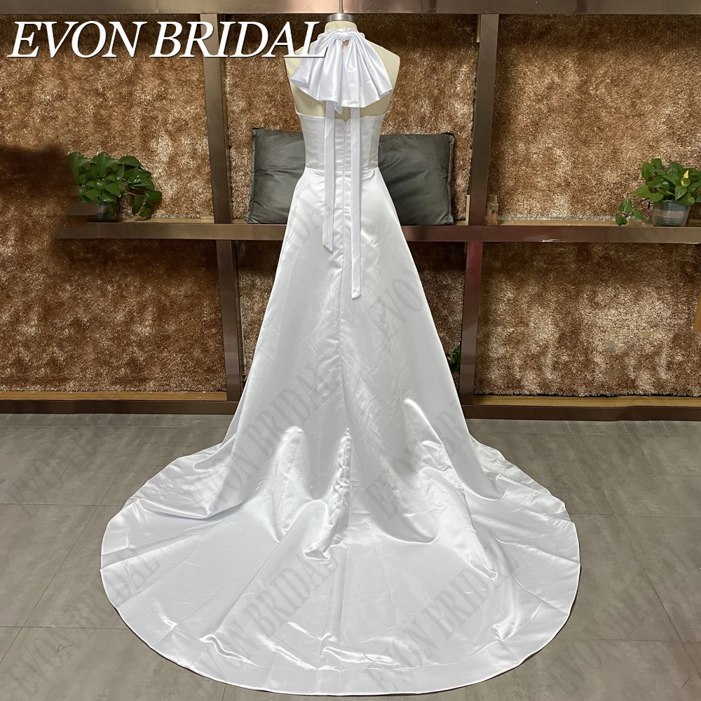 EVON BRIDAL Halter Mouwloze Prinses Trouwjurken Voor Vrouw Hoge Split Bruidsjurk Strik Rugloos Vlek vestidos novias boda burgerlijke Echte Foto Eenvoudige Bruid Partij A-Lijn Op Maat Gemaakt Prinses trouwjurken voor vr