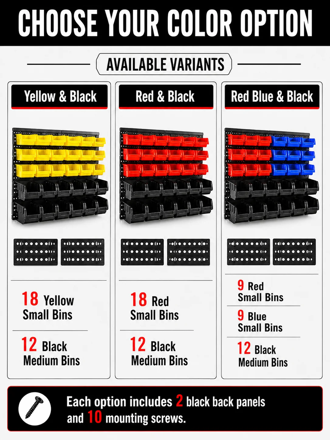 Wall Mounted Storage Bins Organizer Rack with 30 Dual Color Bins, Heavy Duty Plastic Hanging Parts Bin System, Garage Wall Hardware Holder for Screws Bolts Nuts Washers, Stackable Small Large Tool Containers for Workshop Shed DIY Craft Room