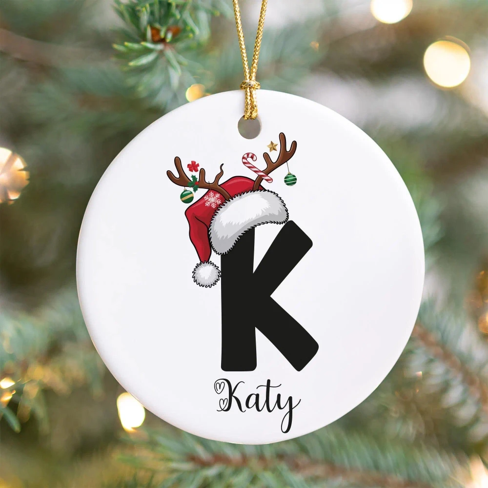 Santa Reindeer Antler Initial Letter Personalized Round Ceramic Christmas Ornament Custom Name Xmas Hanging Keepsake for Family.