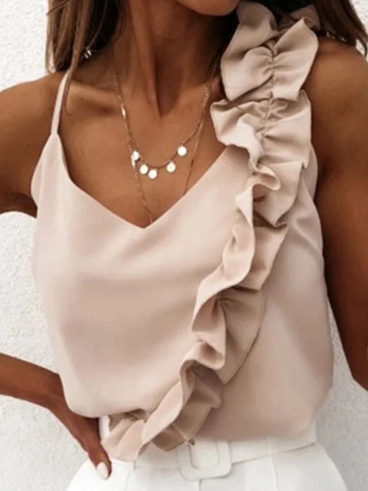 Damskie letnie bluzki koszule seksowne dekolt w serek bluzki z falbankami Backless Spaghetti pasek biurowa, damska bez rękawów Casual topy — zdjęcie 2