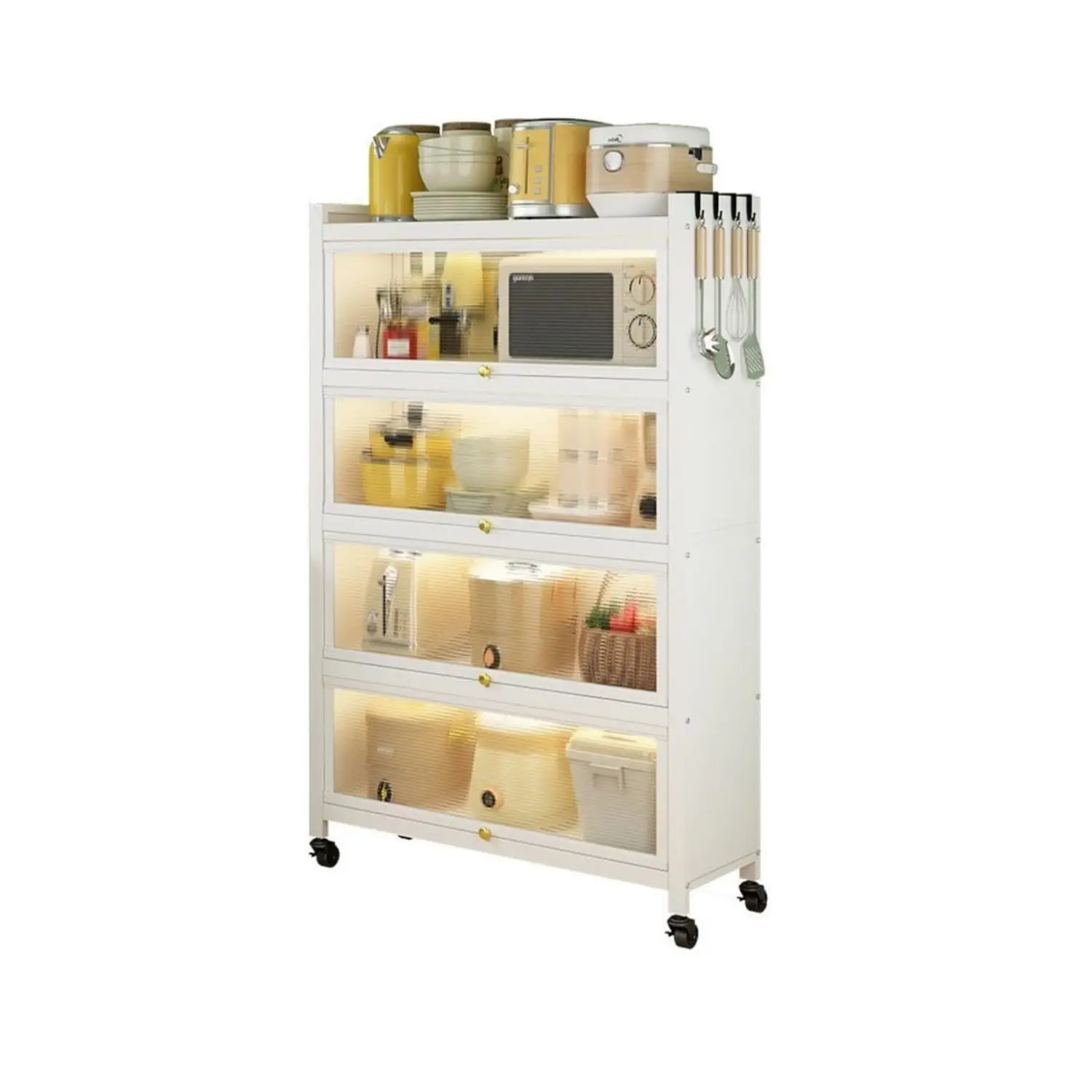 5-Tier Storage Cabinet,Standing Shelf Units with 4 Door Bookshelf Bookcase with 4 Wheels Storage Rack,White 144 * 80 * 32cm