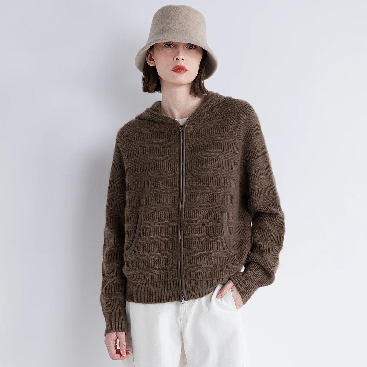 

TX852139 Роскошный женский 100% кашемировый вязаный кардиган на молнии из мягкой овчины с отделкой Премиум-осенне-зимняя верхняя одежда