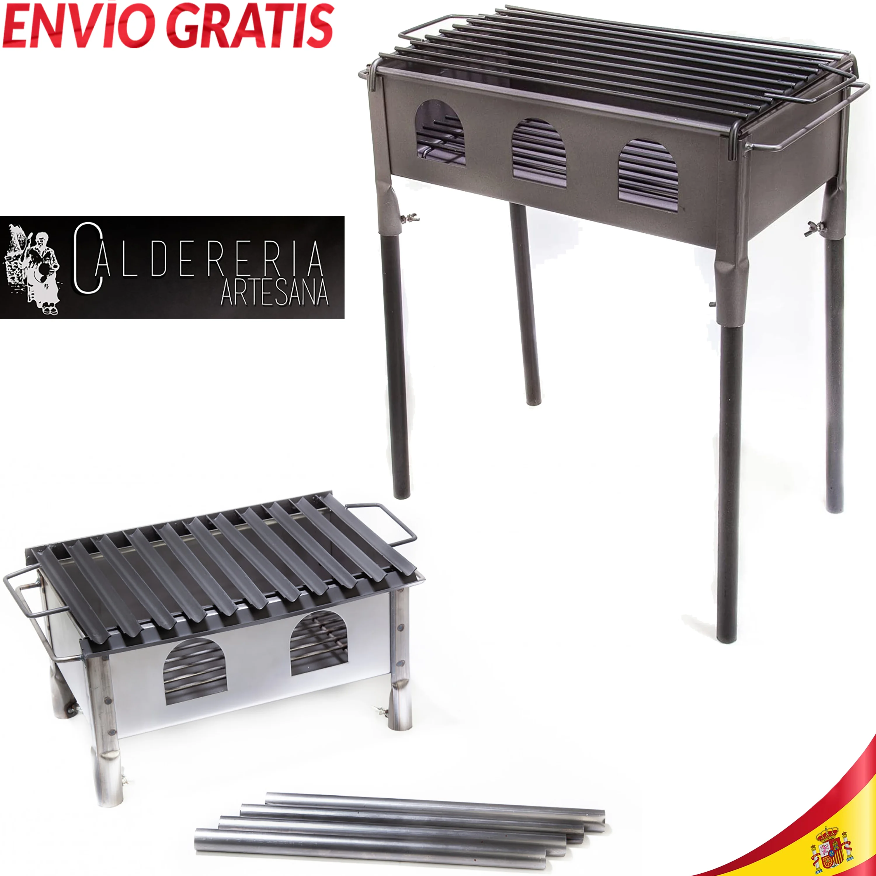 Barbacoa Metálica con Parrilla Tradicional, Pintura Anticalórica, Patas Desmontables, Asas a los lados, Fuerte y Muy Resistentes Carbón Leña 350x200x500 450x250x600 650x350x650mm Original Calderería Artesana