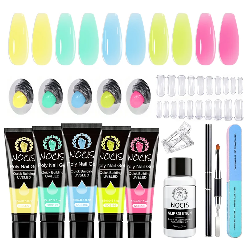 NOCIS 5 Farben Poly-Nagelgel-Set UV-Aufbaugel in leuchtenden Macaron-Tönen, komplettes DIY-Maniküre-Werkzeugset für Salon-Anfänger