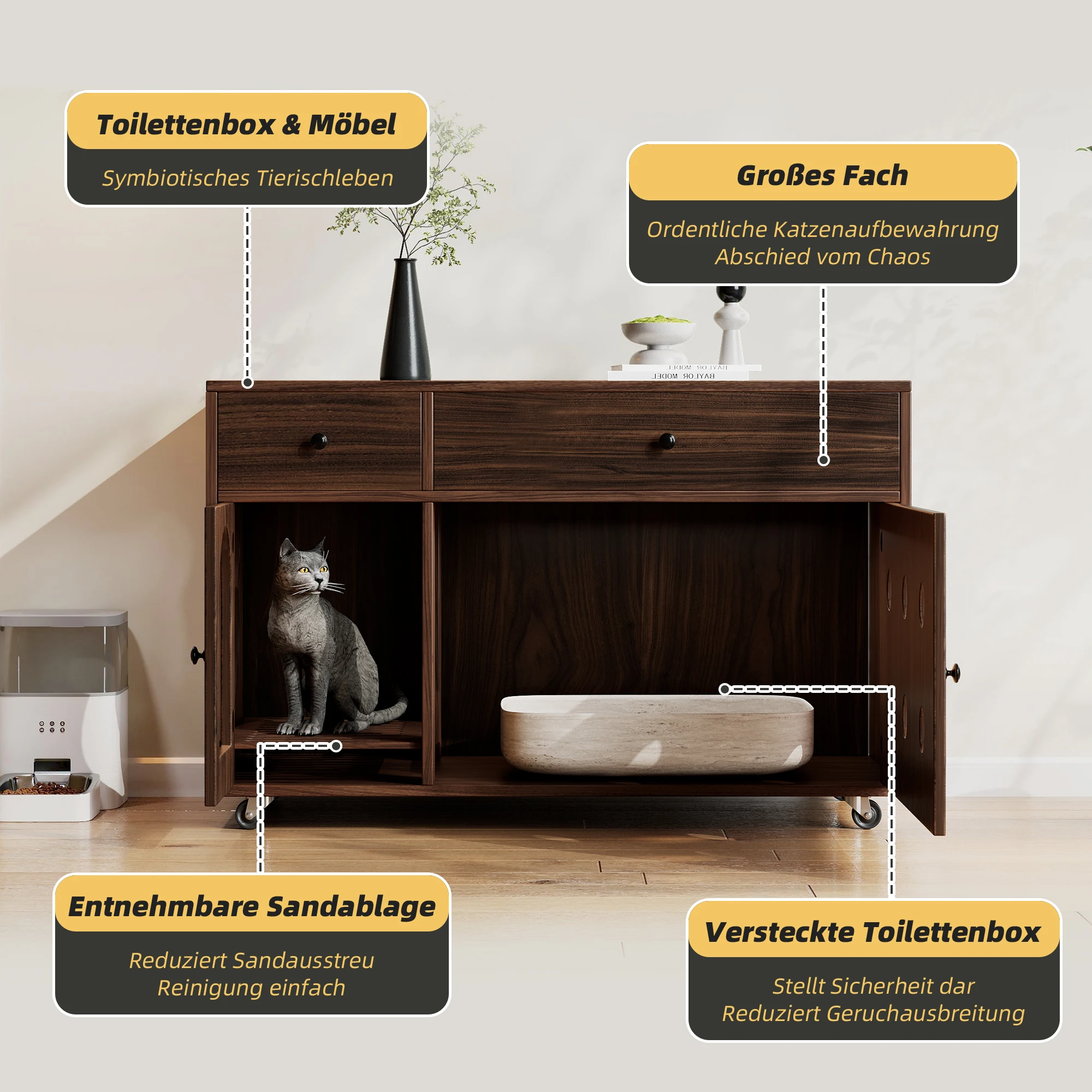Katzenklo-Schrank 100x45x66cm, Bewegliches Katzen-WC-Möbel mit Abnehmbarer Sandfangplatte, Geruchsisolierter Katzenhaus-Sideboard mit Aufbewahrungsschubladen, Katzenklo Nicht Enthalten, MDF-Holz,