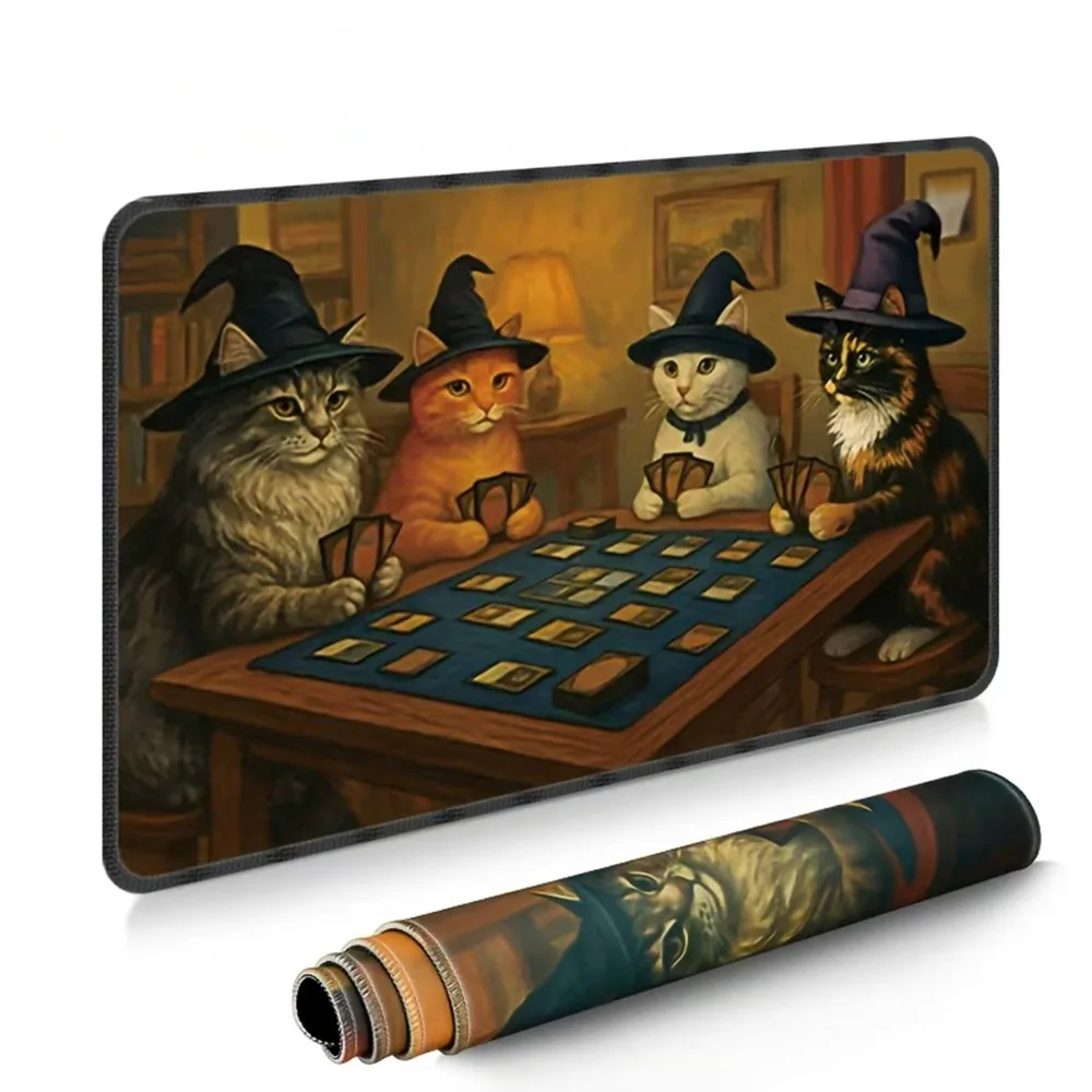 1Pc Wizard Cats MTG Playmat, Funny Cats Playing Magic Desk Mat for Office Work Gaming, Non-Slip Mouse Pad & Great Gift