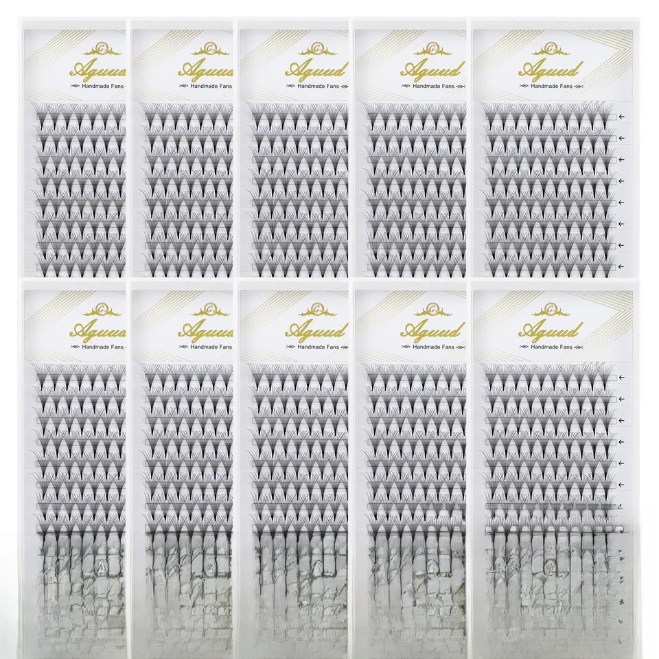 Aguud 10 Tabletts/Lot Vorgefertigte Volumenfächer-Wimpern, schmaler Stiel, spitze Basis, Wimpernverlängerungen, Großhandel, weiche russische Volumenfächer-Wimpern