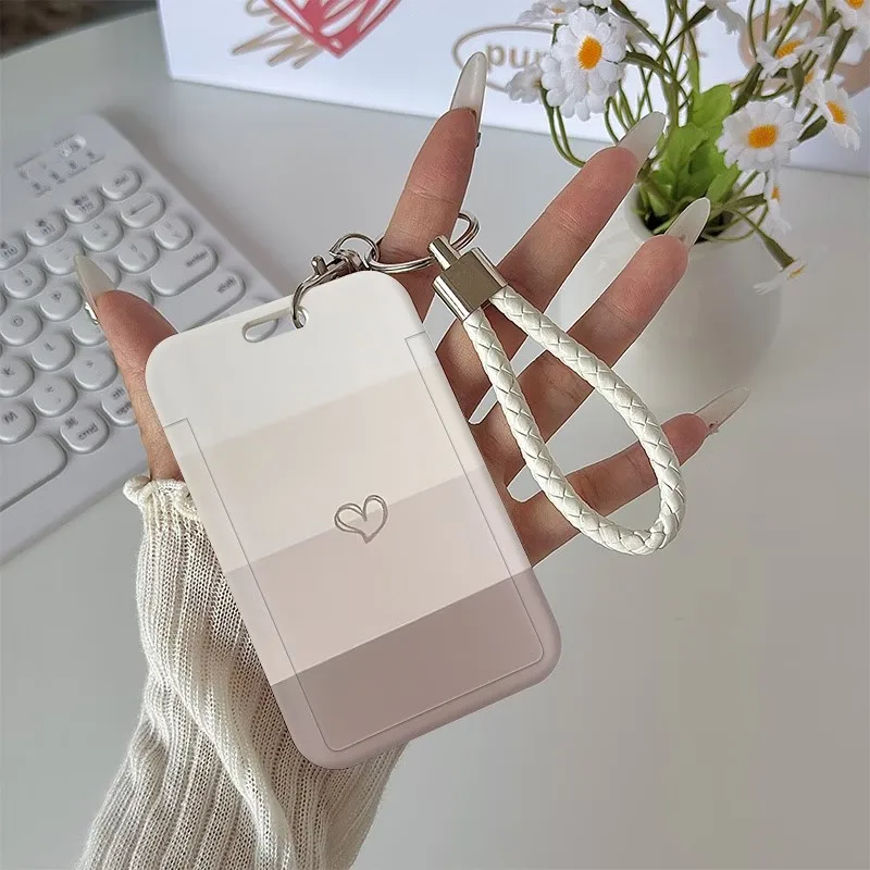 Cute Heart ID Card Holder With Wrist Lanyard Anti-Lost Keychain Hands-Free For Student Work Bus Card Belt Loop Beige White Cover