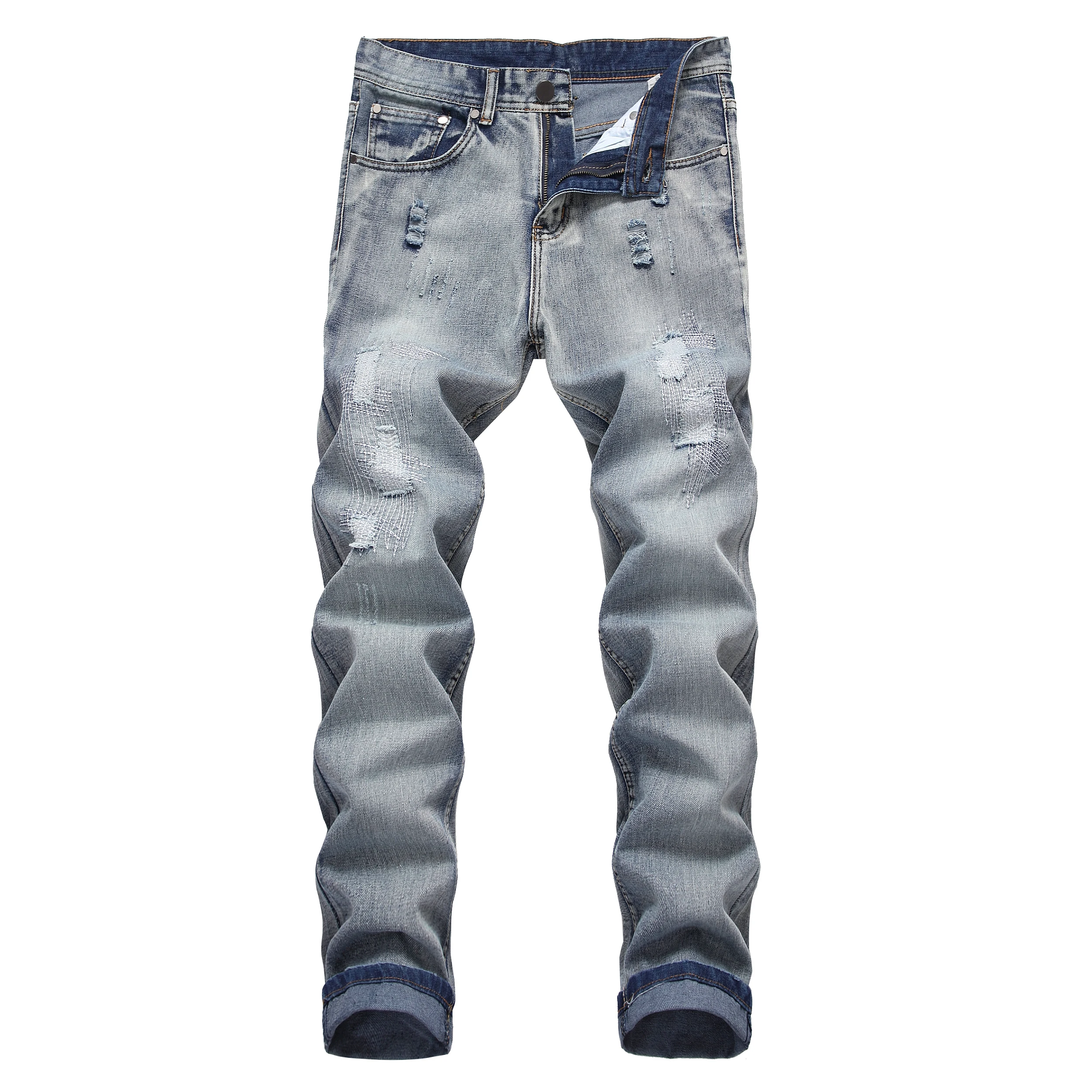 

Men's Light Blue Slim Fit Jeans Broken Embroidered Denim Trousers 970