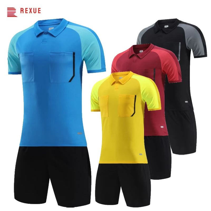 Referee Soccer Jersey Set 24/25 Professional Men's Football Turn-down Collar Full Pockets Short Sleeve Futsal Jersey For Judge