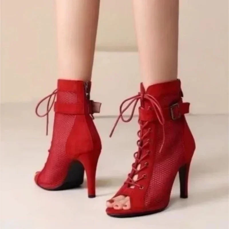 Chaussures de danse jazz de haute qualité pour femmes, talons rouges sexy, bottes de rinçage, Peep Parker, sandales en phtals d'intérieur à fermeture éclair, noble, nouveau, 2025