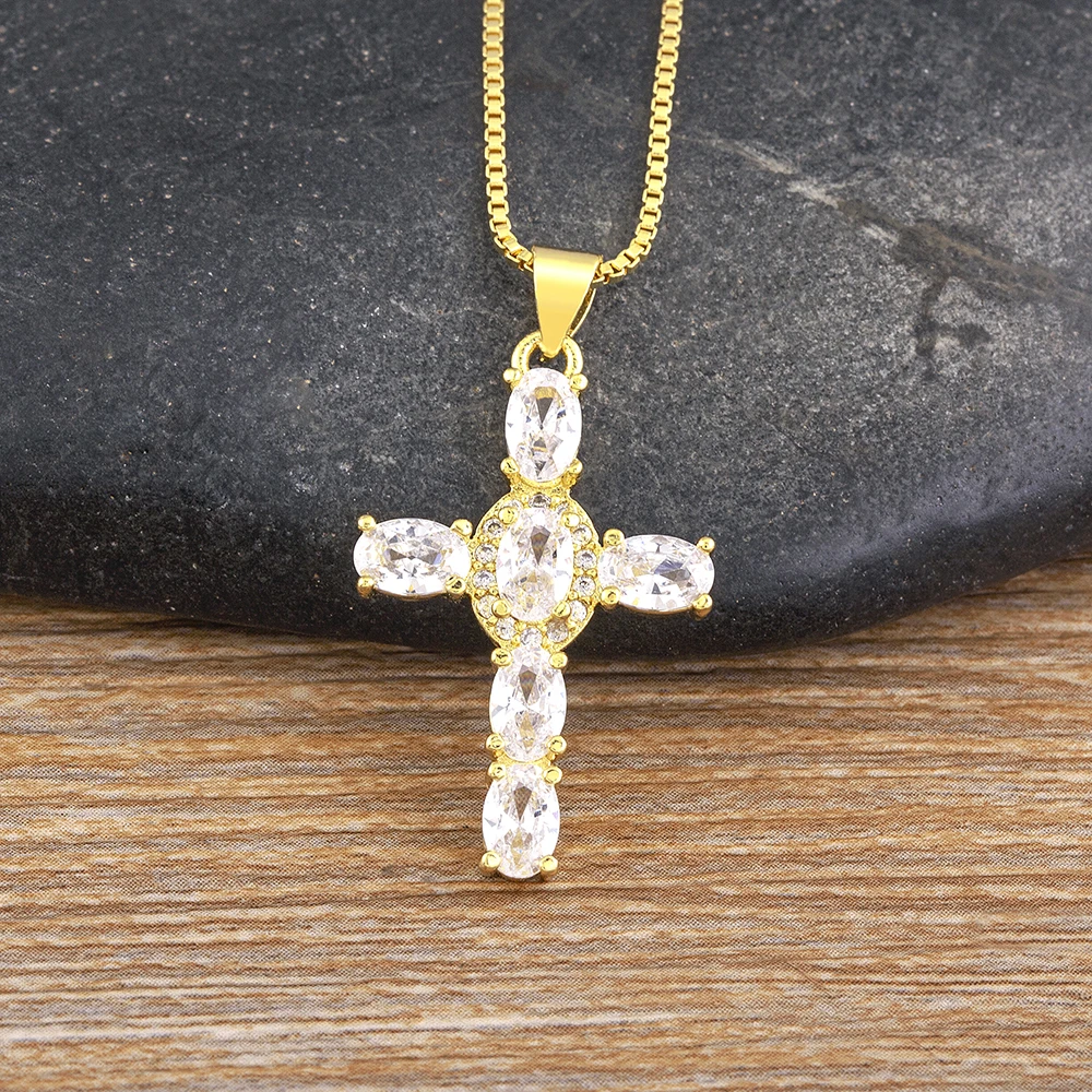 AIBEF Cross Rhinestone Pendant Necklace Copper CZ Religion Colorful Inlay Crystal Jewelry Accessory INS Popular Romantic Gift