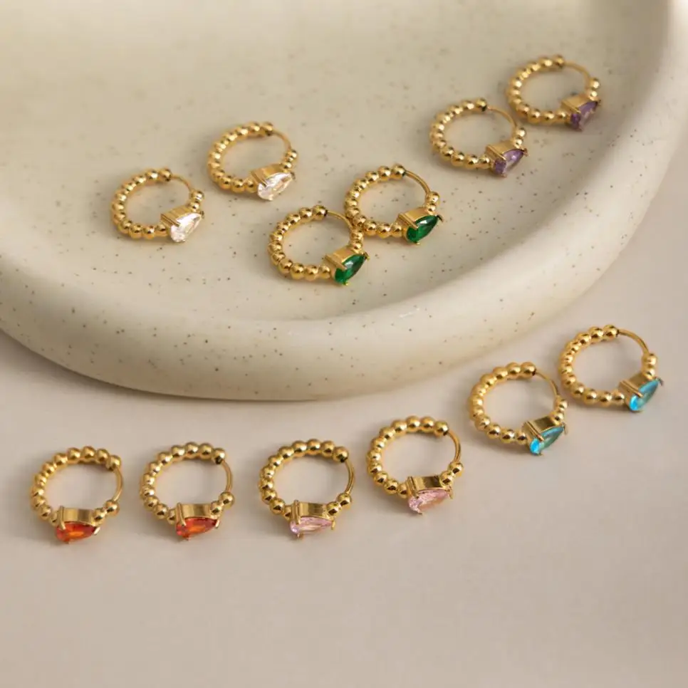 Stainless Steel Beaded Huggie Hoop Earrings for Women Chic 18K Gold Platd Colorful Zircon Geometric Earring Chic Jewelry