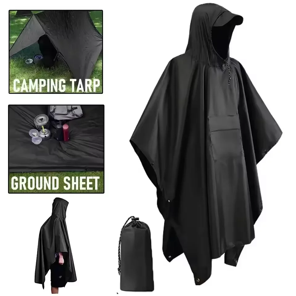 3-in-1 Outdoor Military Raincoat with Hood and Sleeves Waterproof Poncho Motorcycle Rain Cover Camping Hiking Raincoat Tent