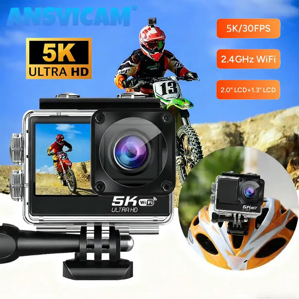 Cámara de Acción ANSVICAM 5K 4K60FPS con Control Remoto WiFi, Cámara Deportiva EIS 170 ° Cámara Gran Angular Impermeable de 30M para Bicicletas y Motocicletas