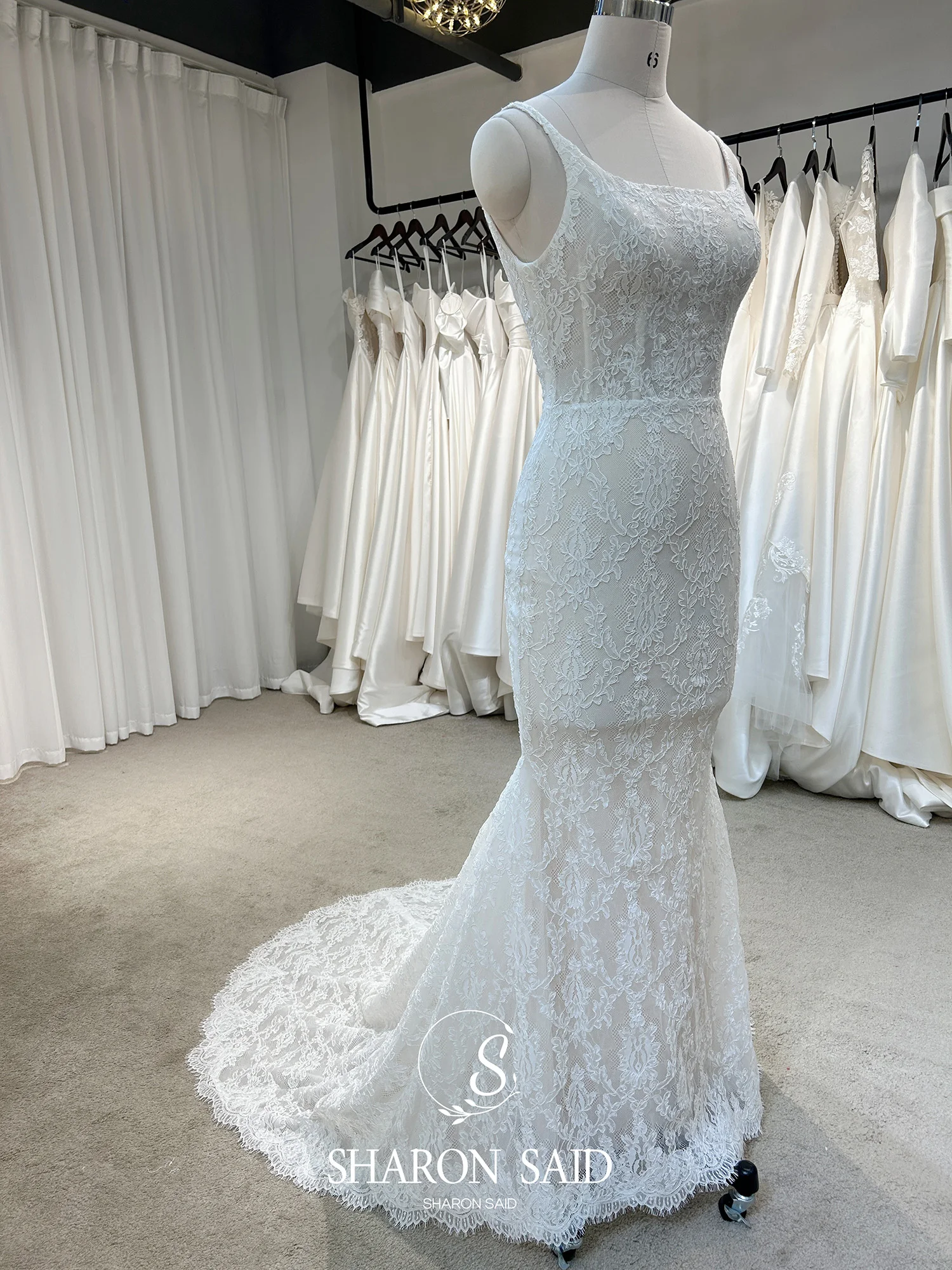 Sharon Said Romantic Mermaid Off White Lace Wedding Dress 2025 Elegant Square Collar Corset Princess Bride Gown AM018 Customized